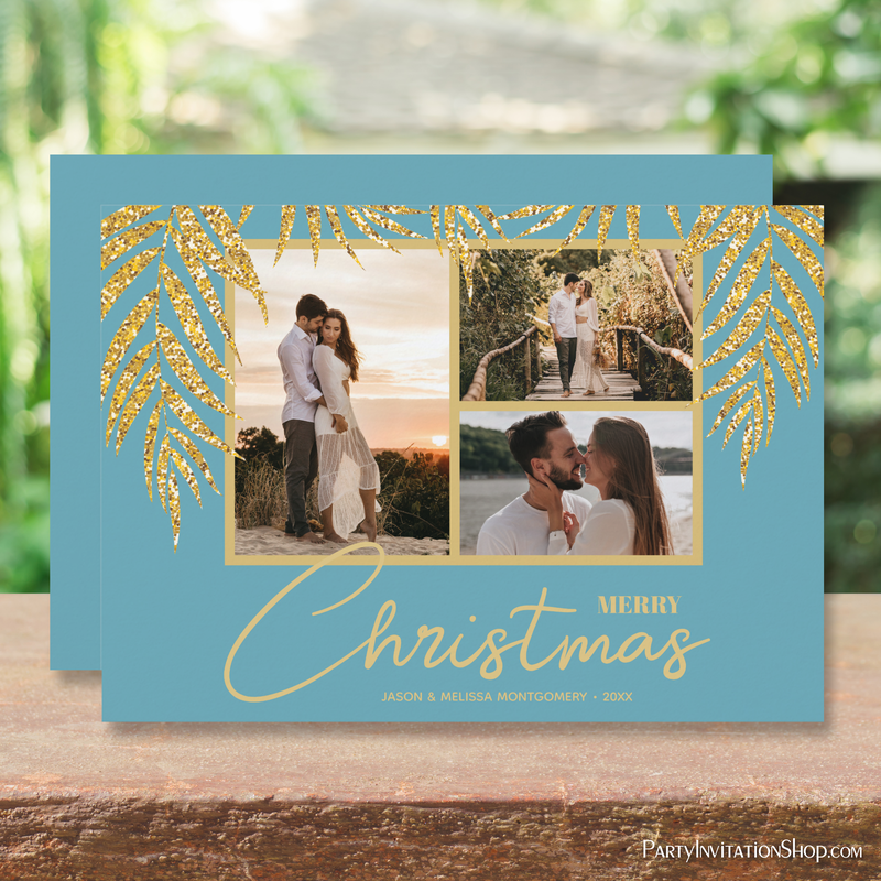 Tropical Gold Palms on Blue Multi Photo Christmas Holiday Cards