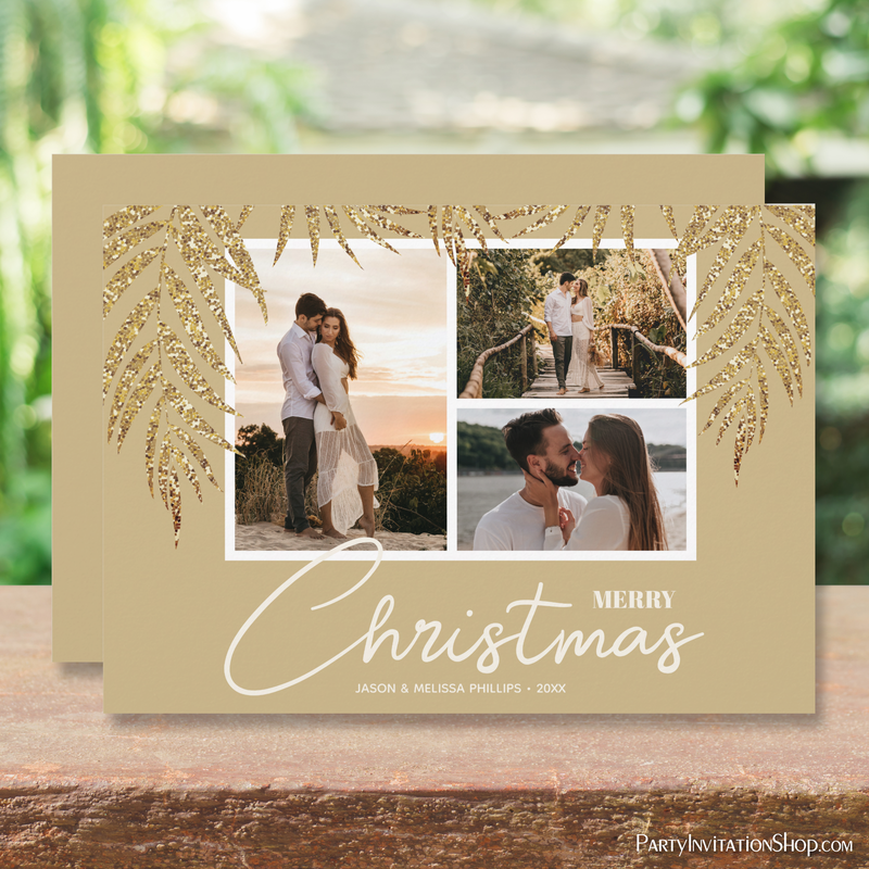 Tropical Gold Palms on Soft Gold Multi Photo Christmas Holiday Cards