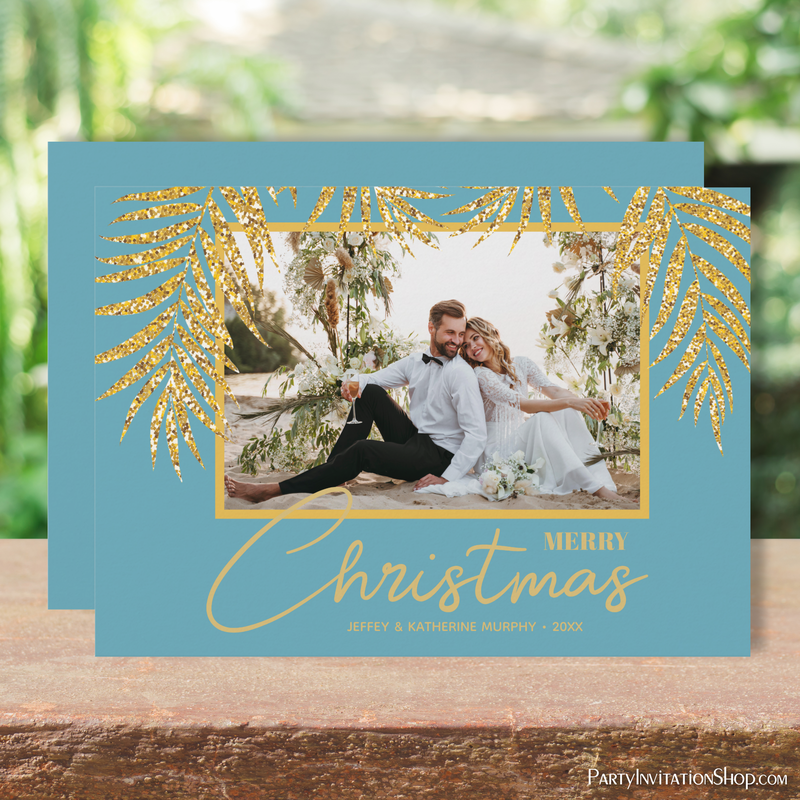 Tropical Gold Palms on Blue Christmas Photo Holiday Cards