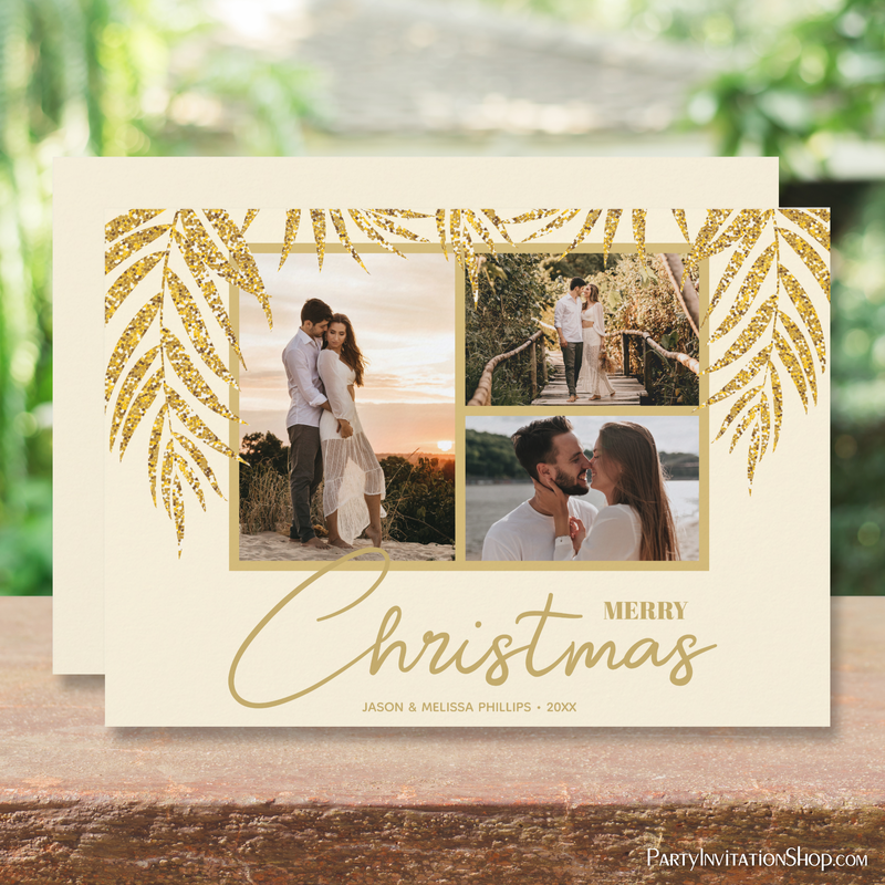 Tropical Gold Palms on Cream Multi Photo Christmas Holiday Cards