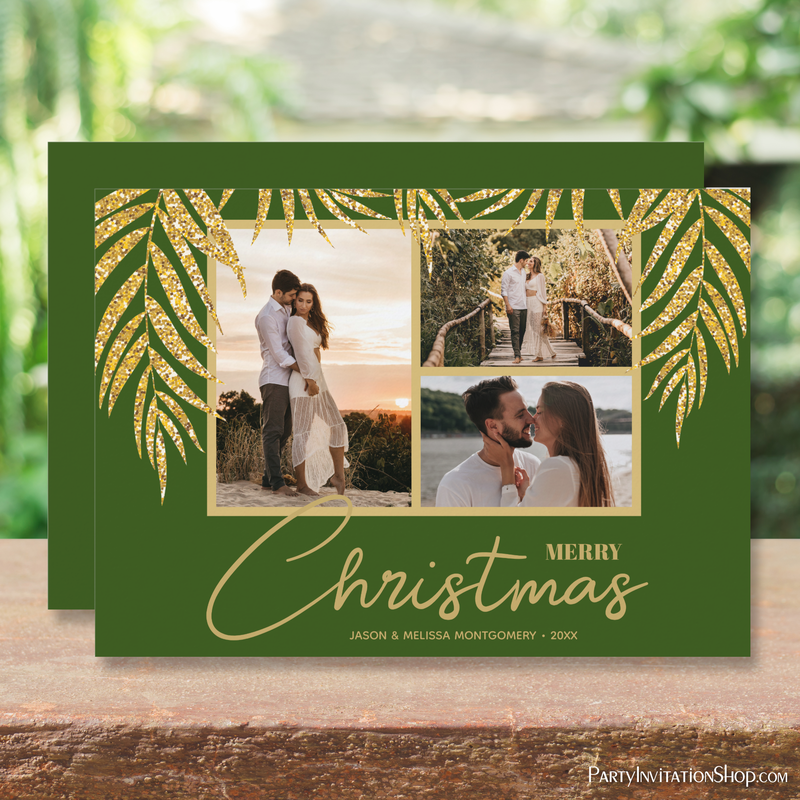 Tropical Gold Palms on Green Multi Photo Christmas Holiday Cards