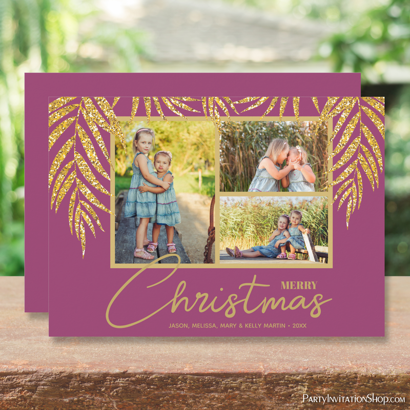 Tropical Gold Palms on Pink Multi Photo Christmas Holiday Cards
