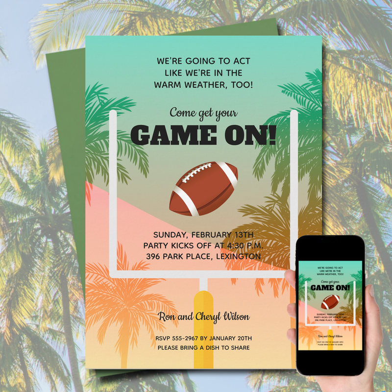 Palms and Football Uprights Superbowl Party Invitations at PartyInvitationShop.com