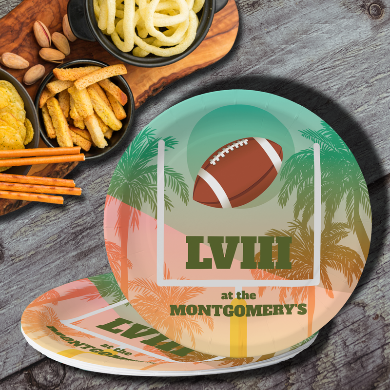 Palm Trees and Football Uprights Party Paper Plates at PartyInvitationShop.com