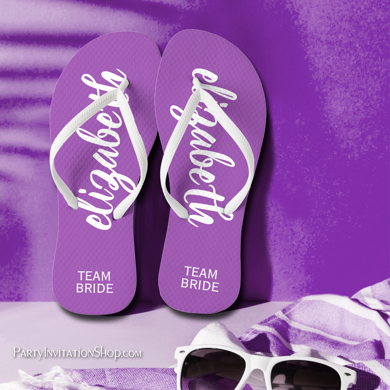 Team Bride Purple and White Personalized Flip Flops