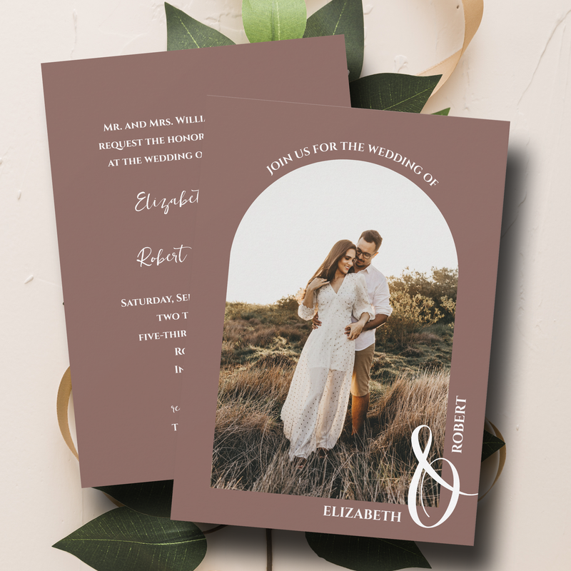 Romantic Arched Photo Rose Taupe Wedding Invitations