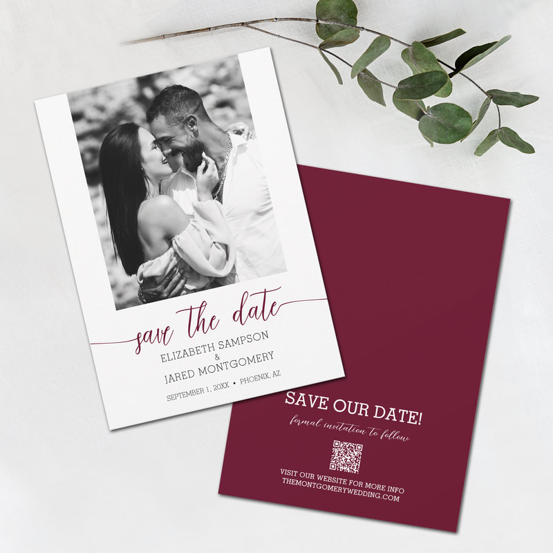 Photo Wedding Burgundy Save The Date with QR Code