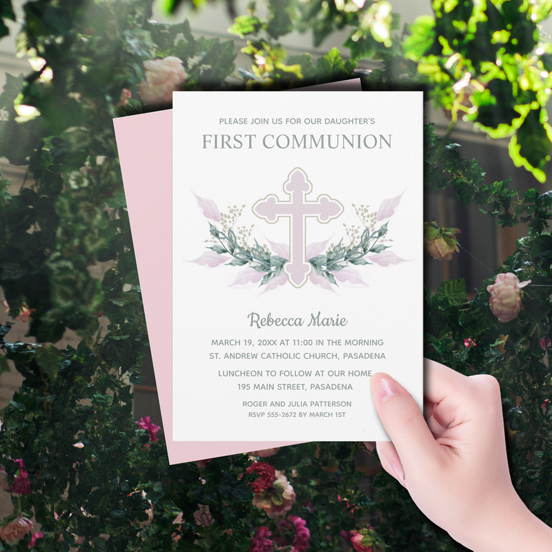 Pink Cross and Leaves First Communion Invitations