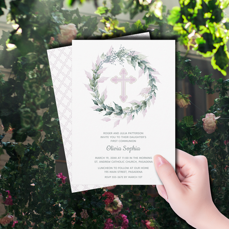 Pink Cross Wreath First Communion Invitations