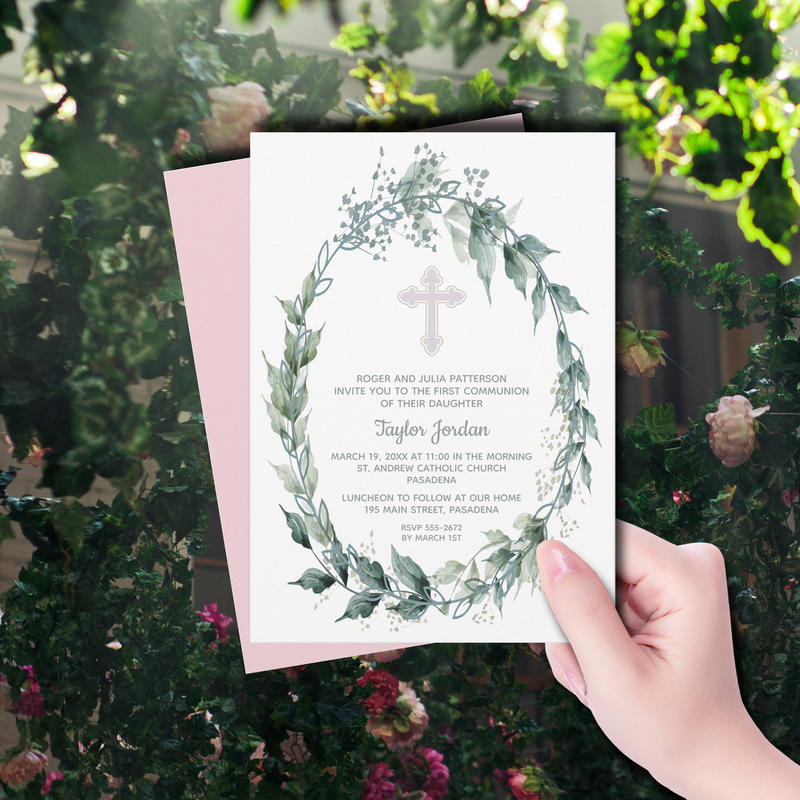 Elegant Wreath Pink Cross First Communion Invitations