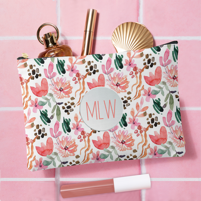 Pink Floral Monogrammed Large Accessory Pouch
