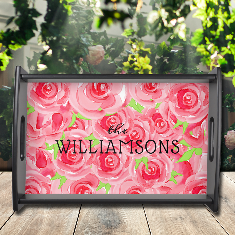 Personalized Family Name Watercolor Roses Serving Serving Tray