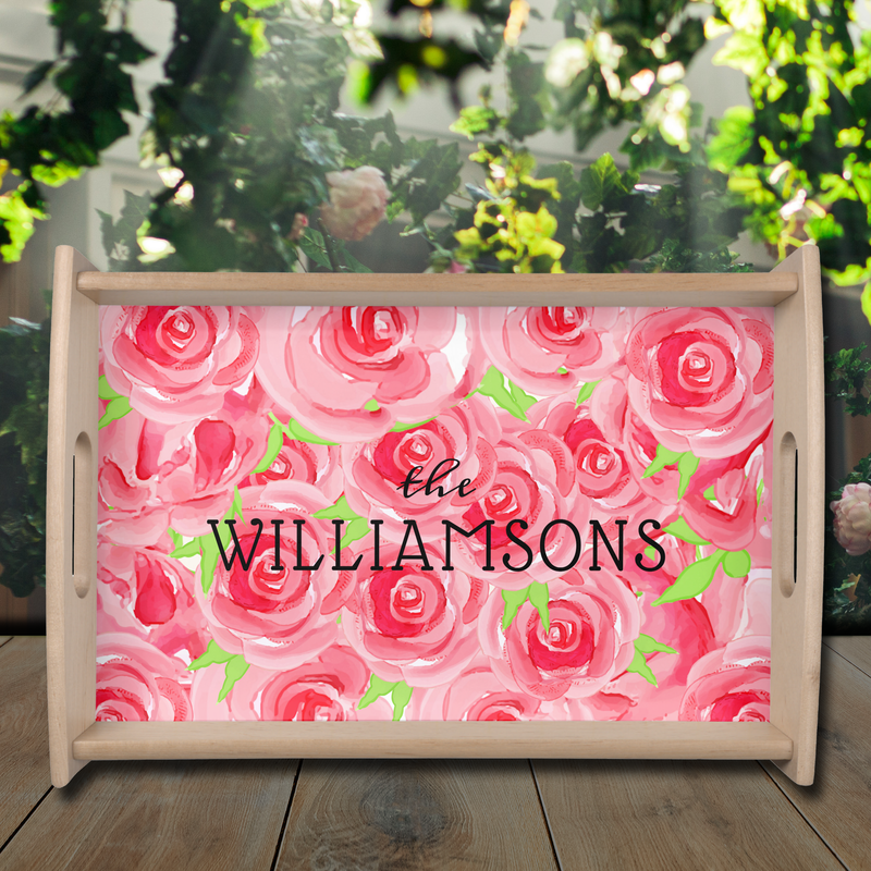 Personalized Family Name Watercolor Flowers Serving Tray