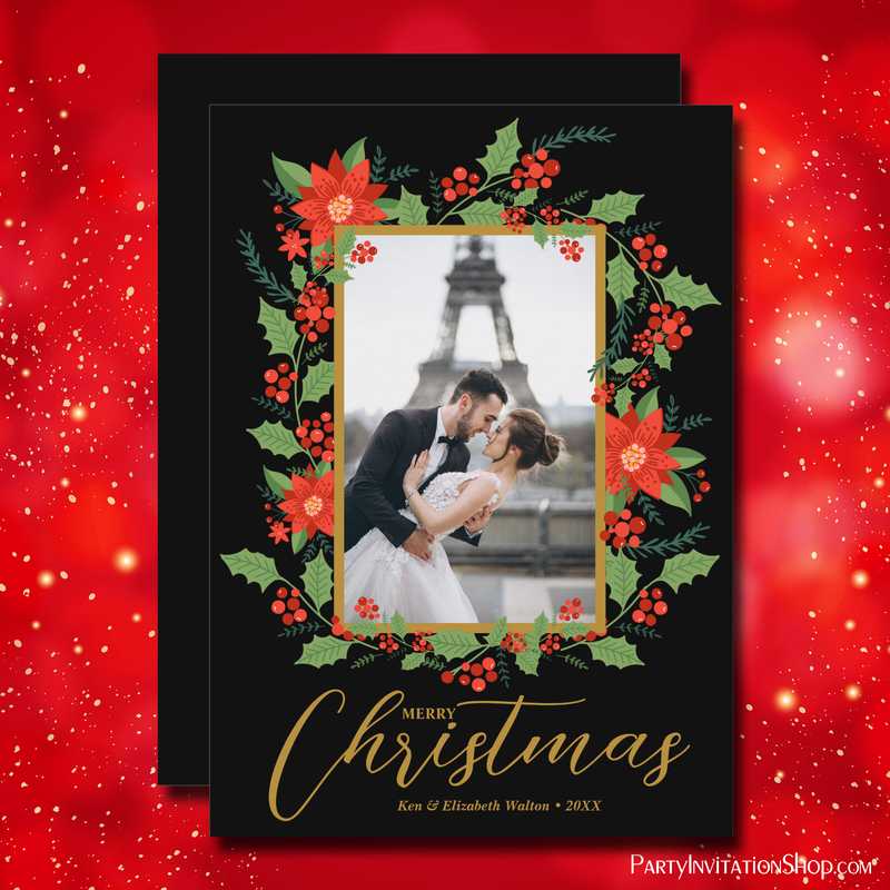  Merry Christmas Floral Black Holiday Photo Cards