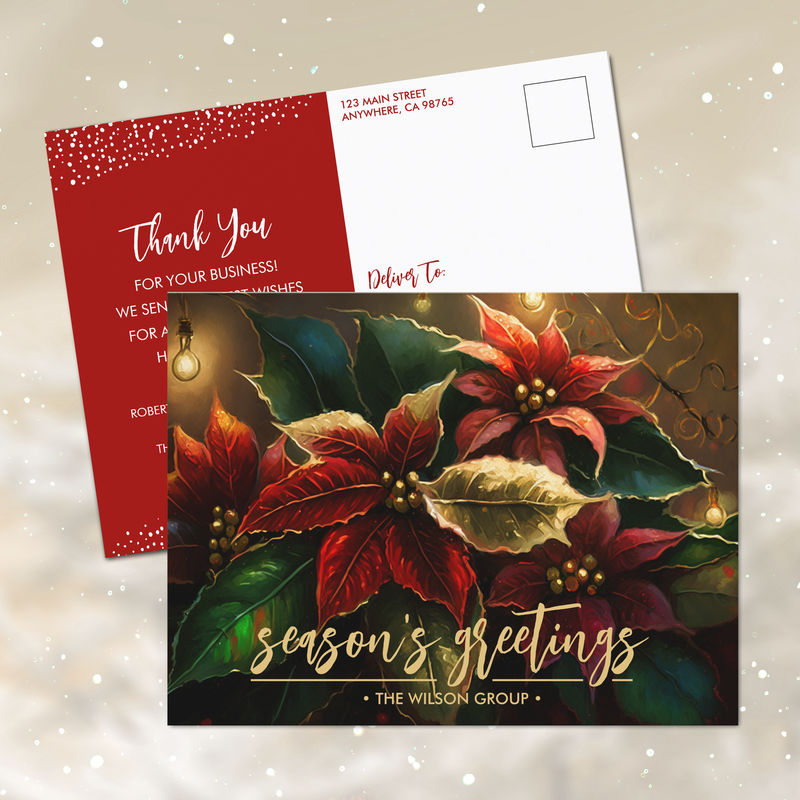 Elegant Poinsettias Season's Greetings Business Holiday Thank You Postcards