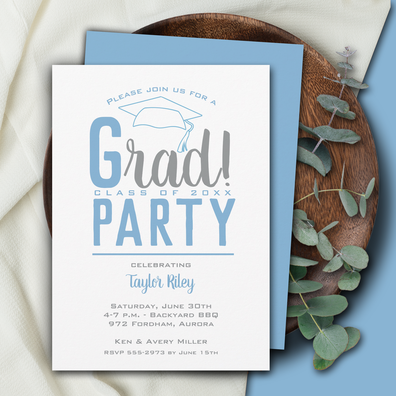 Powder Blue and Gray Graduation Party Invitations