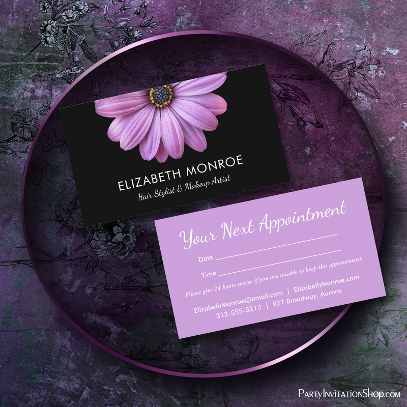 Purple Daisy on Black Salon Hair Stylist Appointment Cards