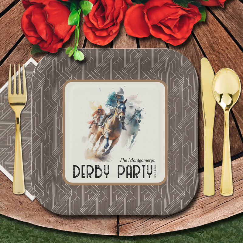 Race Horses Derby Party Brown Square Paper Plates
