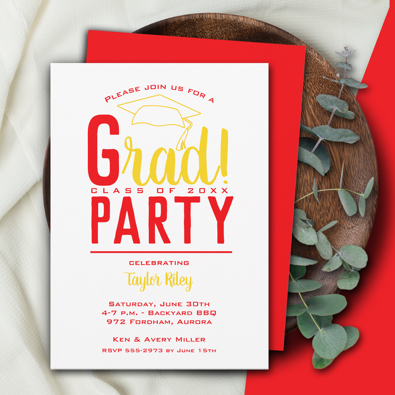 Red and Yellow Gold Graduation Party Invitation