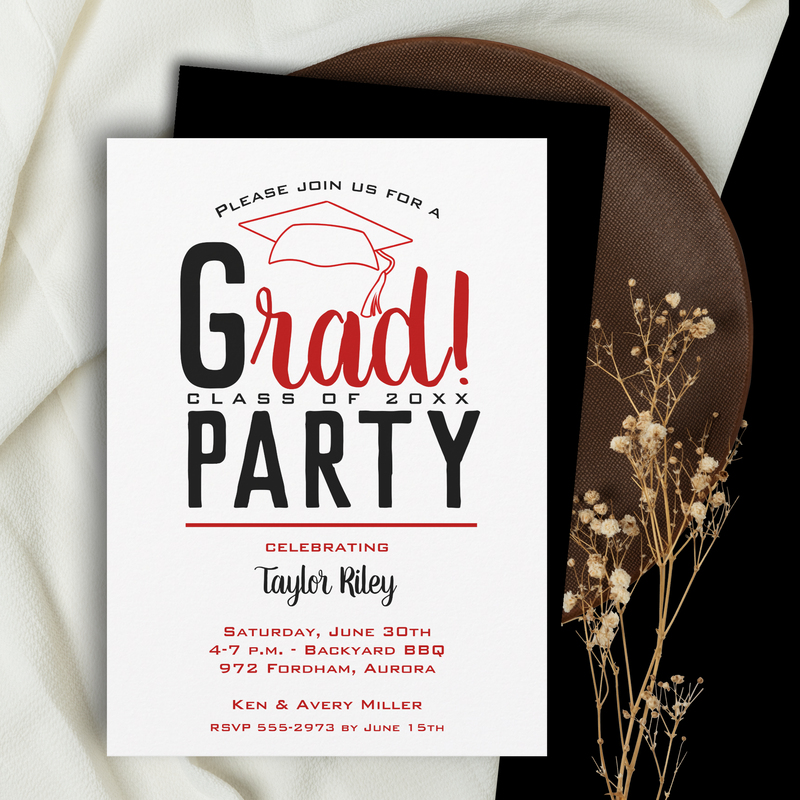 Scarlet and Black Graduation Party Invitations