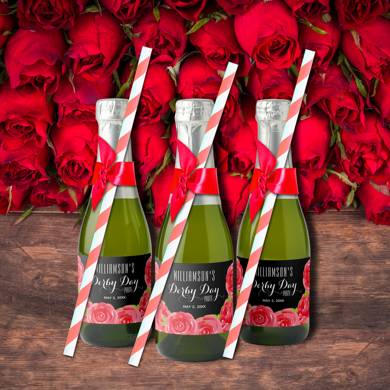 Watercolor Red Roses Derby Party Mini Sparkling Wine Labels