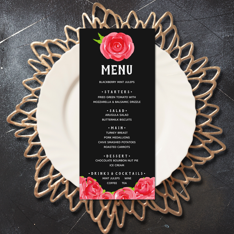 Watercolor Red Roses Kentucky Derby Party Lunch Dinner Menu Cards