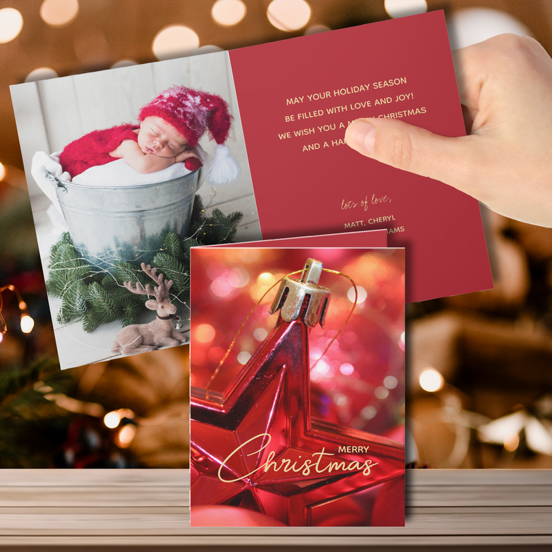 Red Star Ornament Folded Christmas Photo Cards
