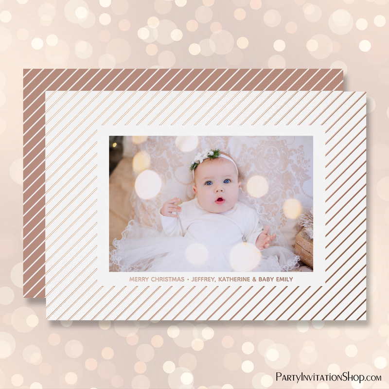 Rose Gold Foil Pinstripes Holiday Christmas Photo Cards