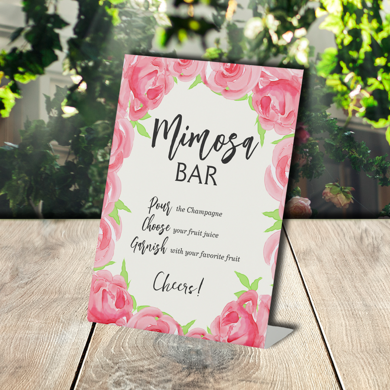 Chic Pink Roses Bridal Shower Mimosa Bar Pedestal Sign