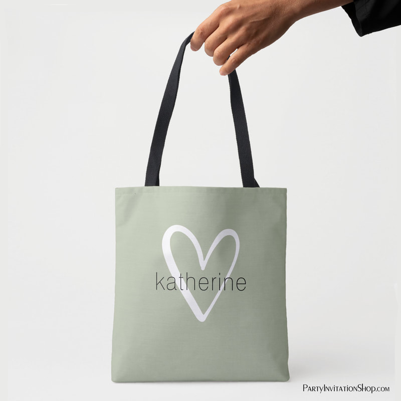 Chic Heart Personalized Sage Green Tote Bag