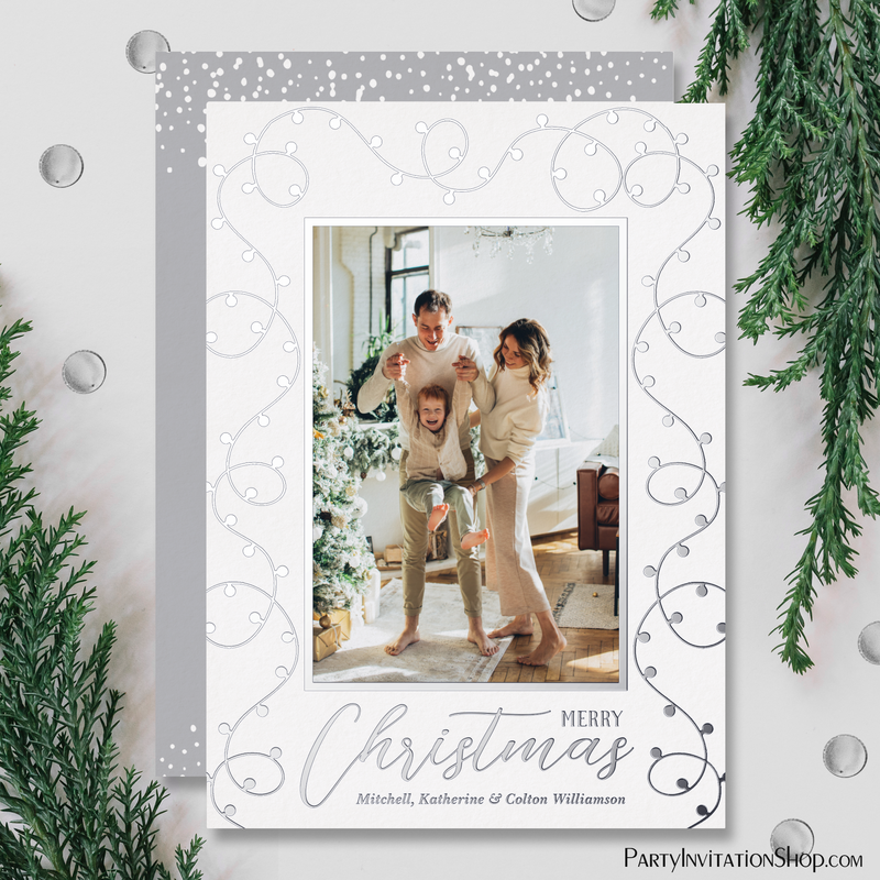 Silver Foil Christmas Light Strands Holiday Photo Cards