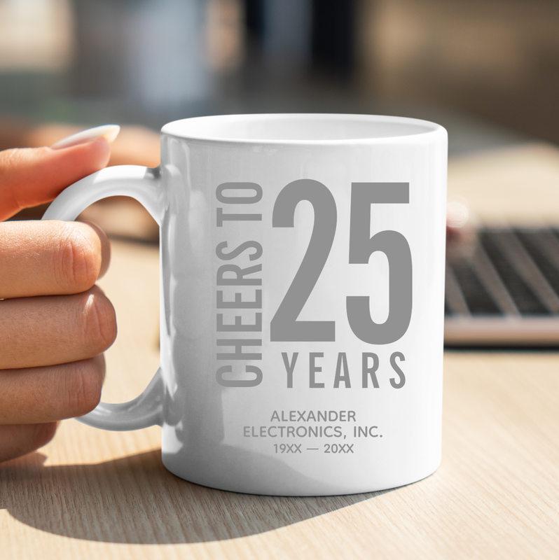 Silver Gray Cheers Business Anniversary Promotional Coffee Mug