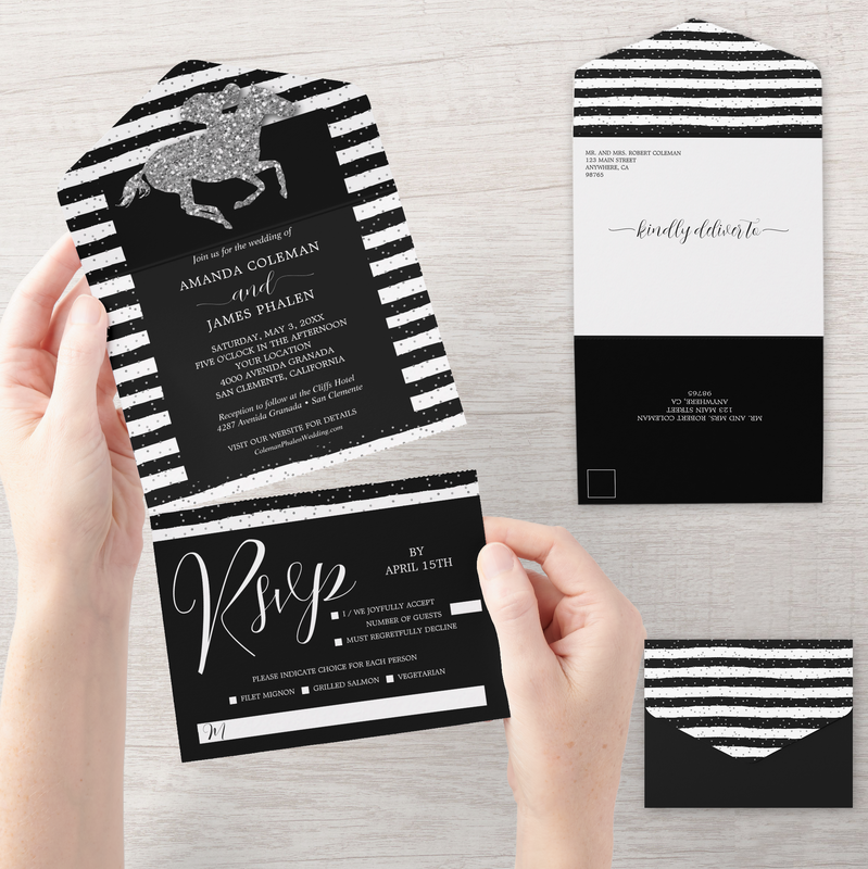 Silver Horse Black White Stripes Wedding All In One Invitations