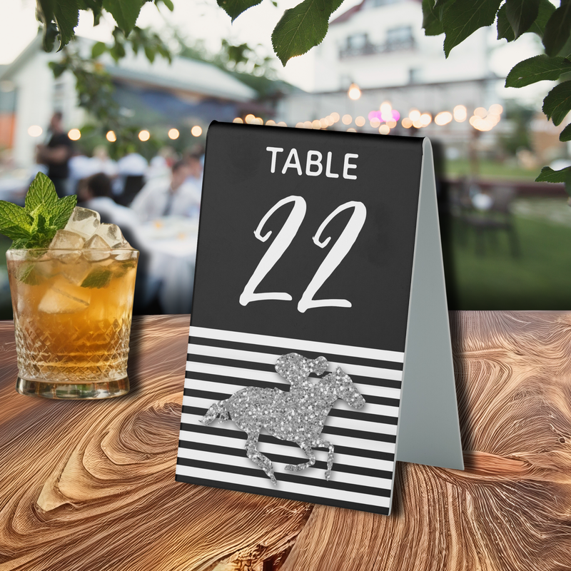 Silver Racehorse Black White Stripes Table Tent Sign