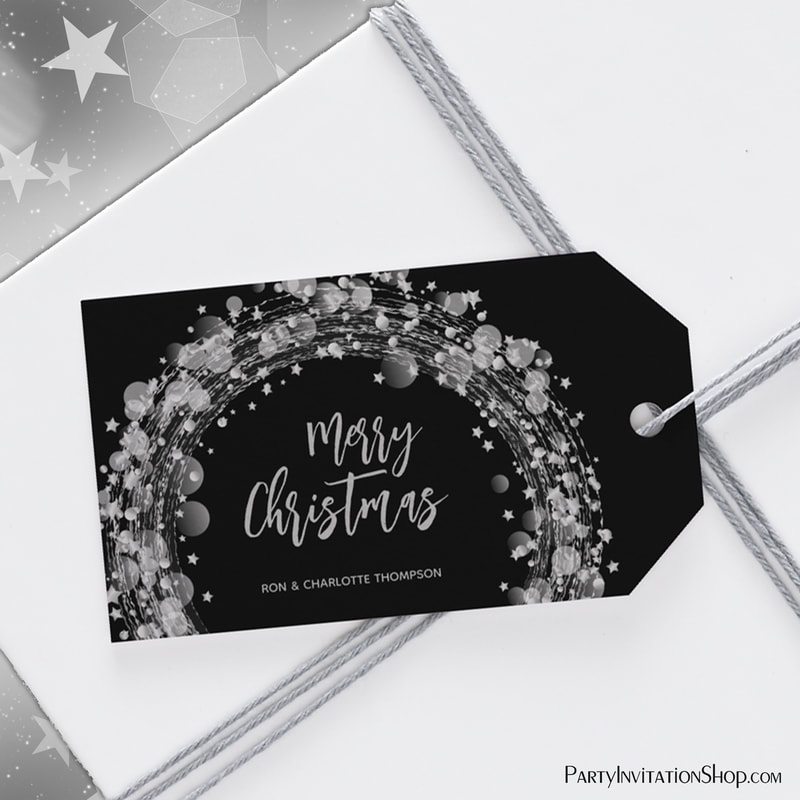 Silver Stars Merry Christmas Black Gift Tags