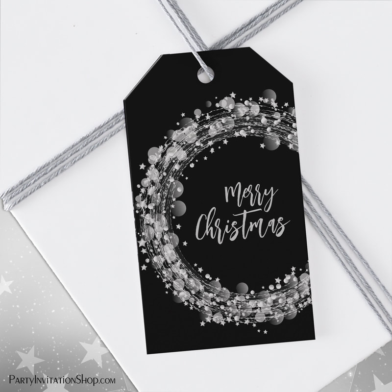 Twinkling Silver Stars Merry Christmas Black Gift Tags