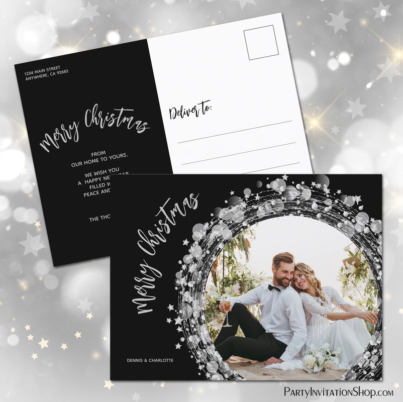 Silver Stars Photo Merry Christmas Black Holiday Cards