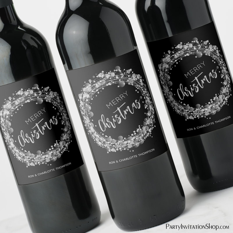 Merry Christmas Silver Stars Wine Labels