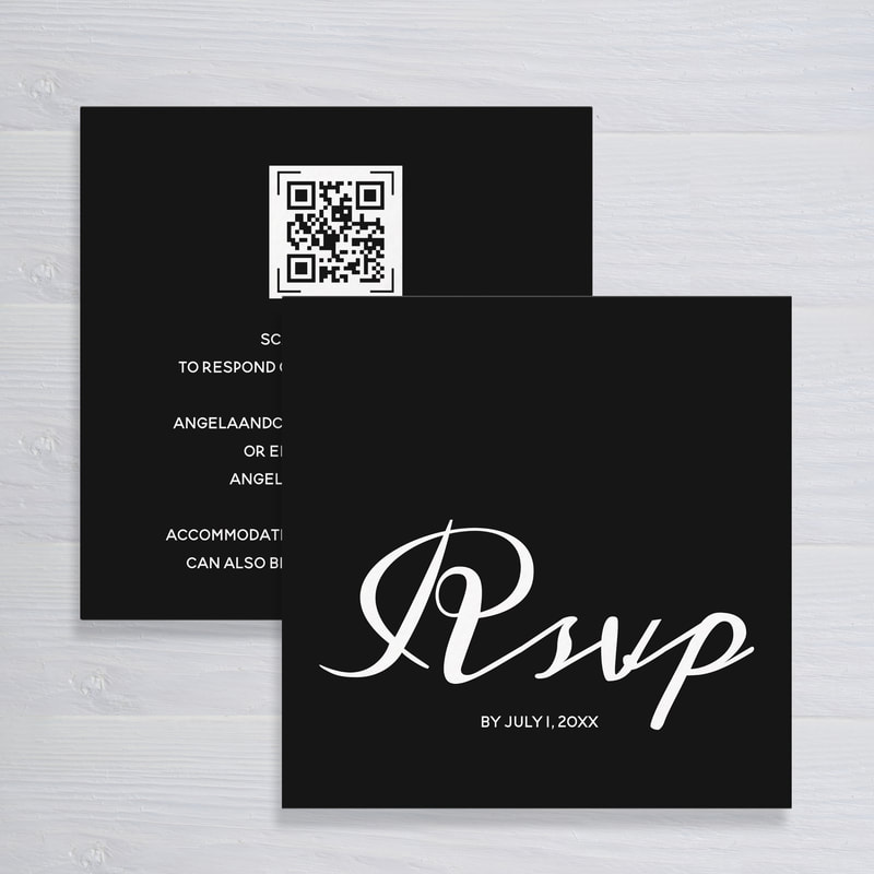 Simple Black White Wedding RSVP QR Code Square Enclosure Cards