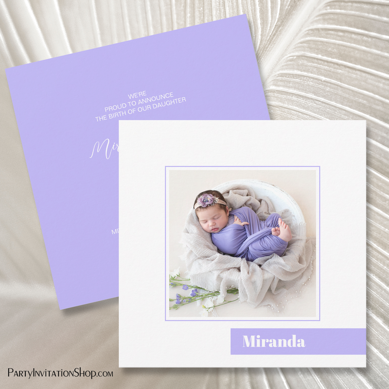 Simple Lavender Color Block Photo Birth Announcements