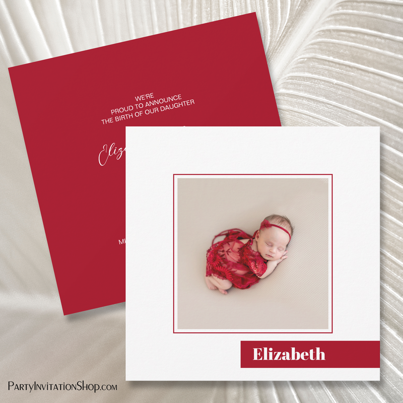 Simple Red Color Block Photo Birth Announcements