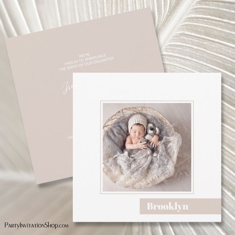 Simple Soft Taupe Color Block Photo Birth Announcements