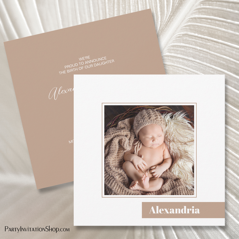Simple Taupe Color Block Photo Birth Announcements