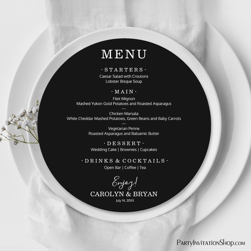 Simple Elegant Black Round Wedding Dinner Menus