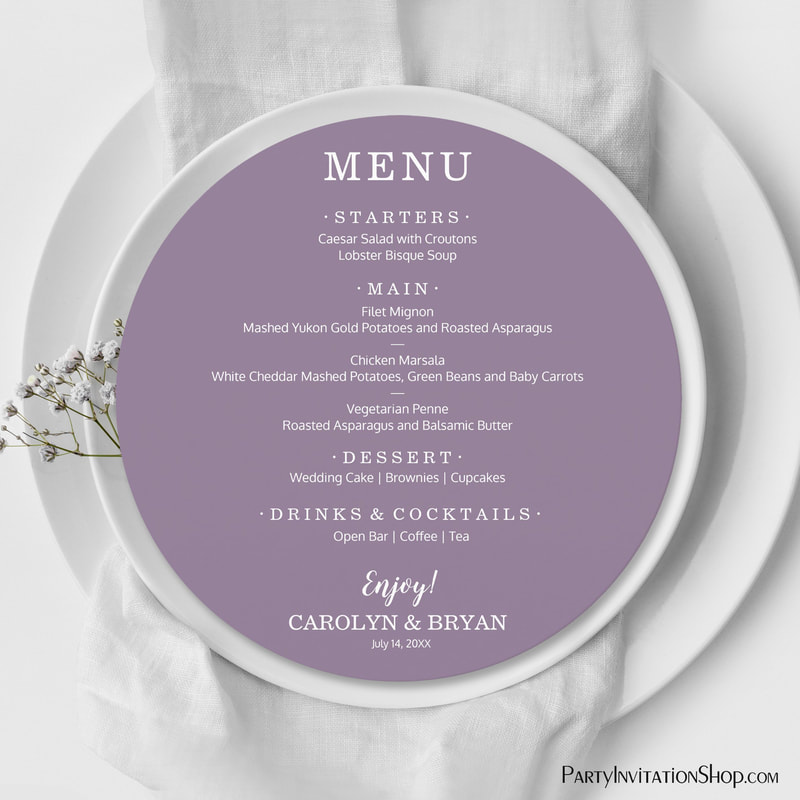 Simple Lavender Elegant Round Wedding Dinner Menus