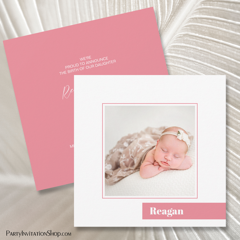 Simple Dusty Pink Color Block Photo Birth Announcements