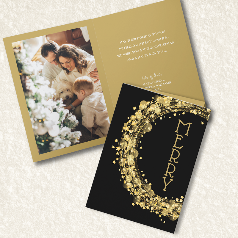Star Wreath on Black Merry Christmas Folded Photo Greeting Cards