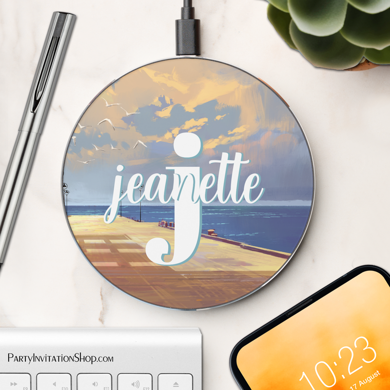 Summer Pier Painting Personalized Name and Monogram Wireless Phone Charger
