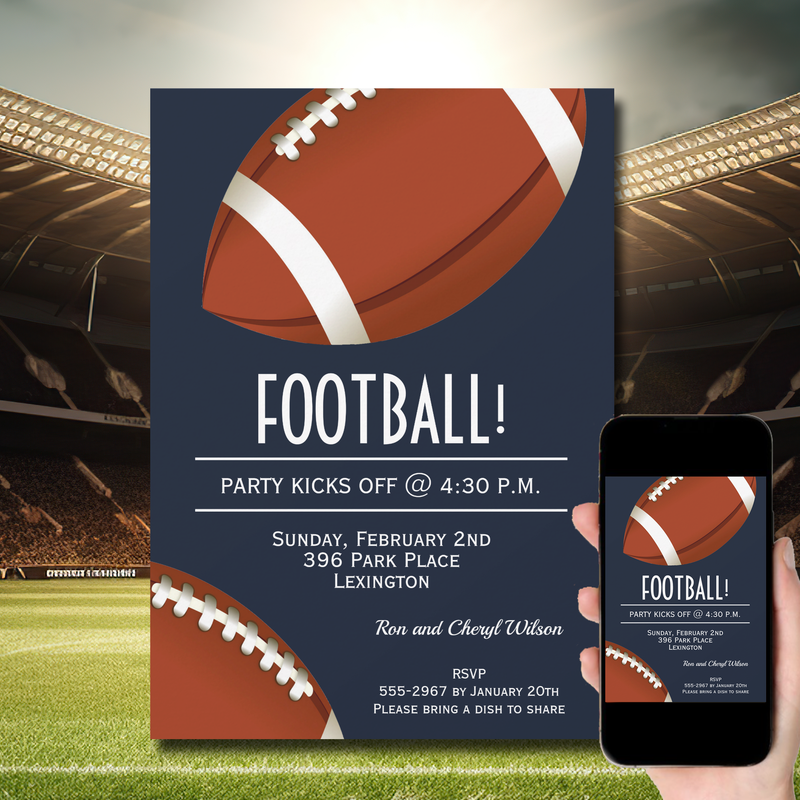 Dark Navy Blue Super Bowl Football Game Party Invitations