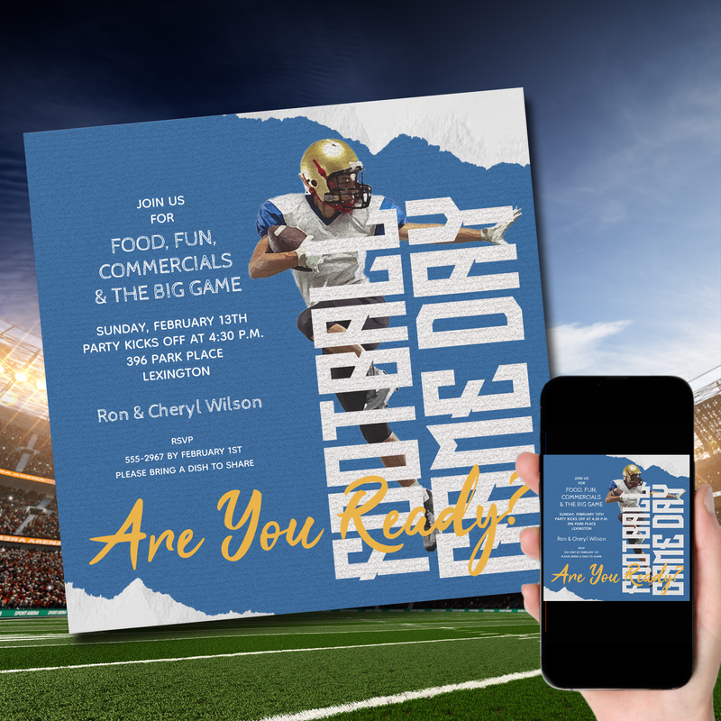 Football Player Super Bowl Game Day Blue Invitations